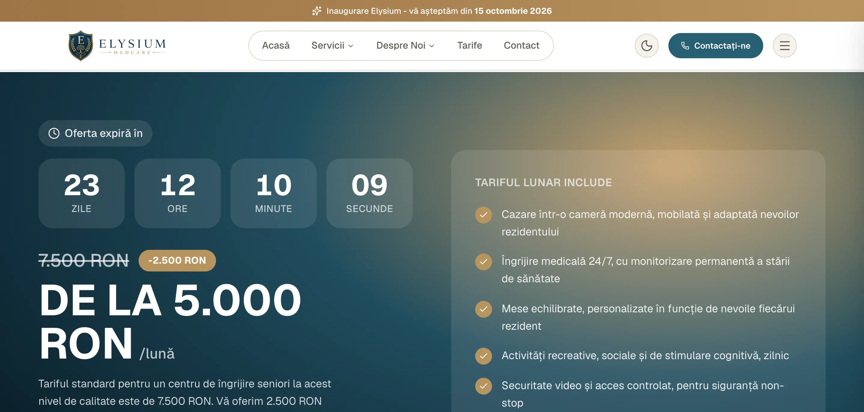 Pagina de tarife, cu prețul lunar și lista serviciilor incluse