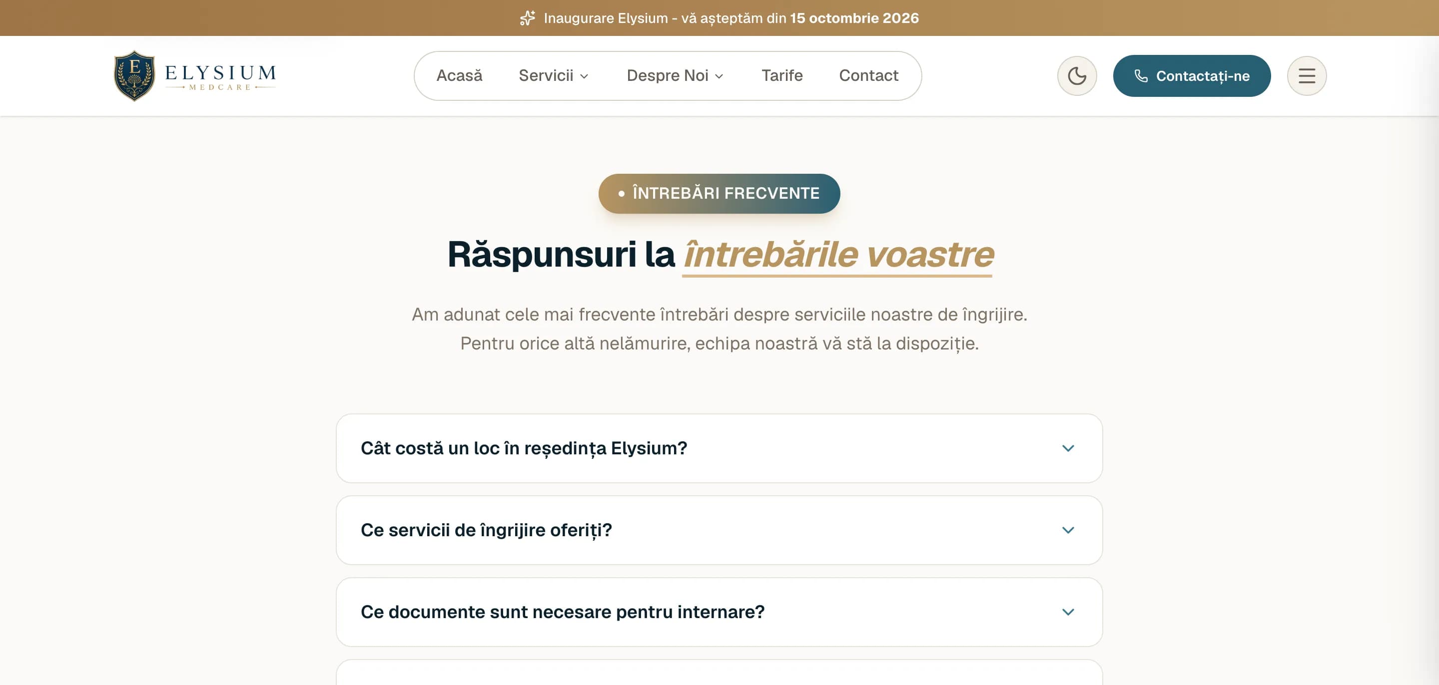 Secțiunea de întrebări frecvente de pe prima pagină