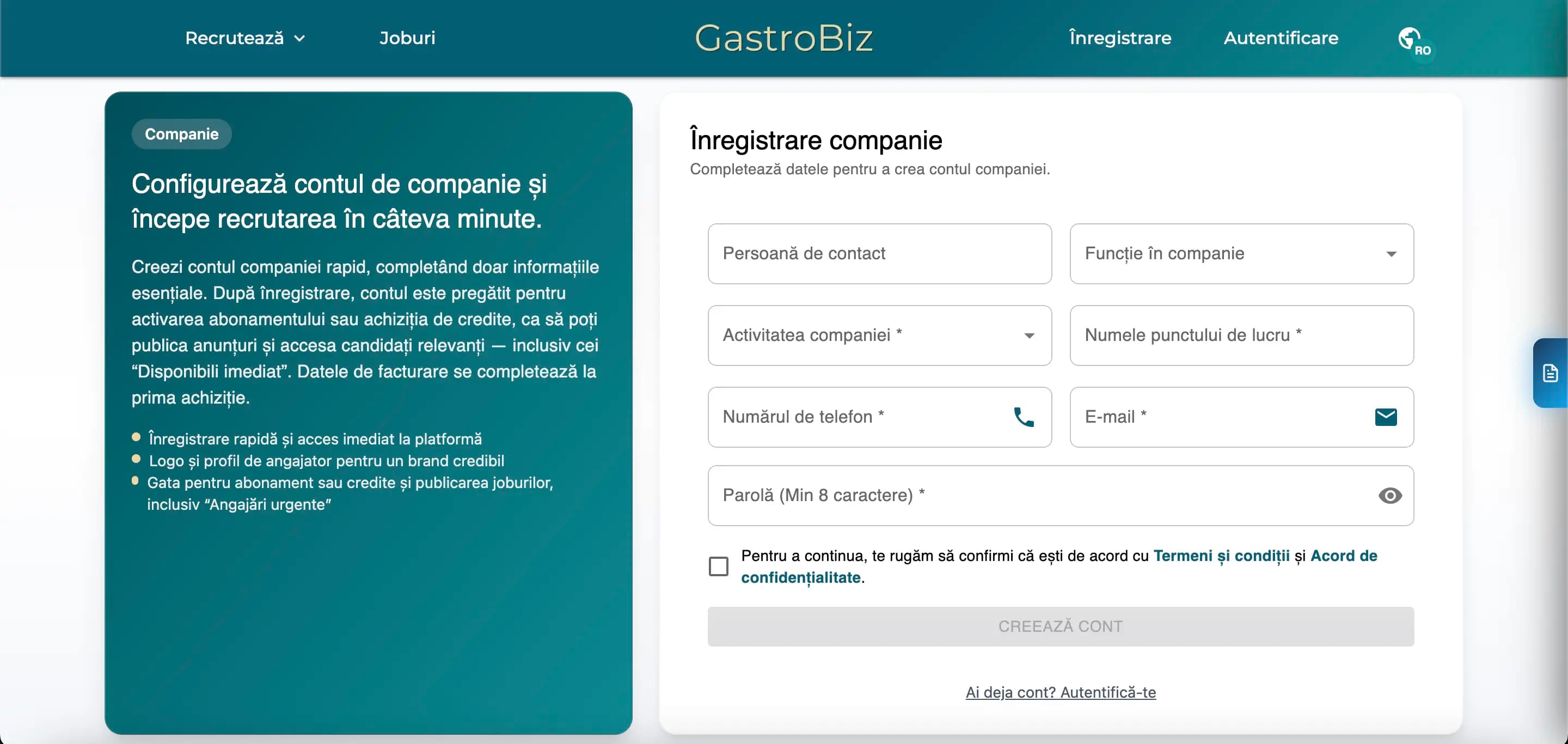 Formularul de înregistrare a unei companii