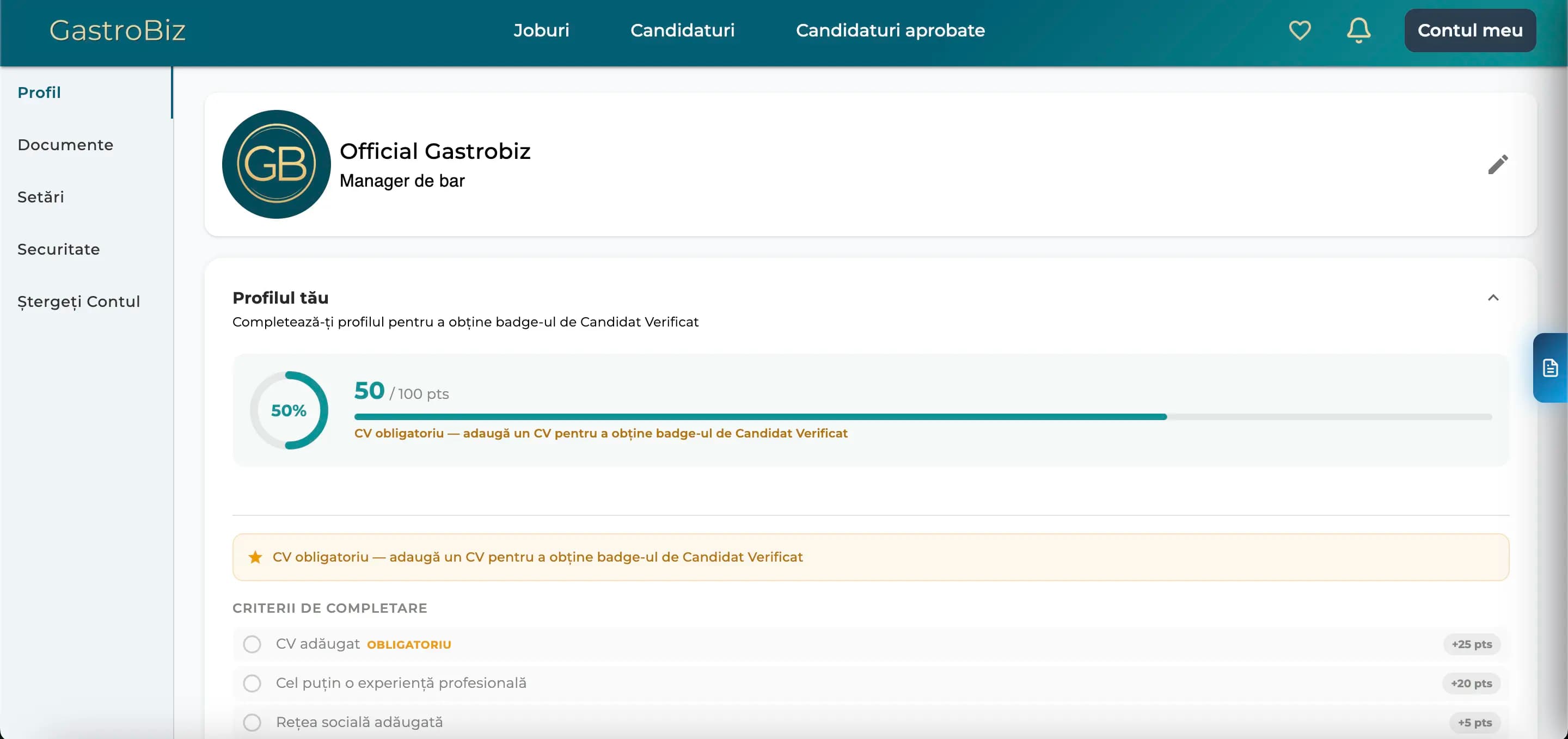 Profilul unui candidat, cu scorul de completare