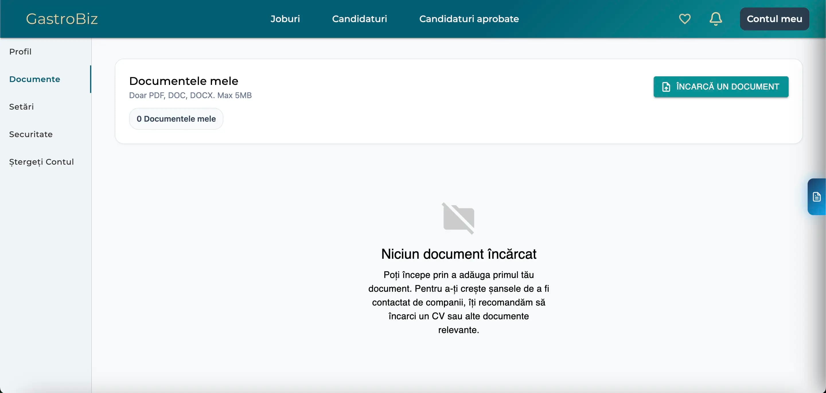 Secțiunea de documente a candidatului